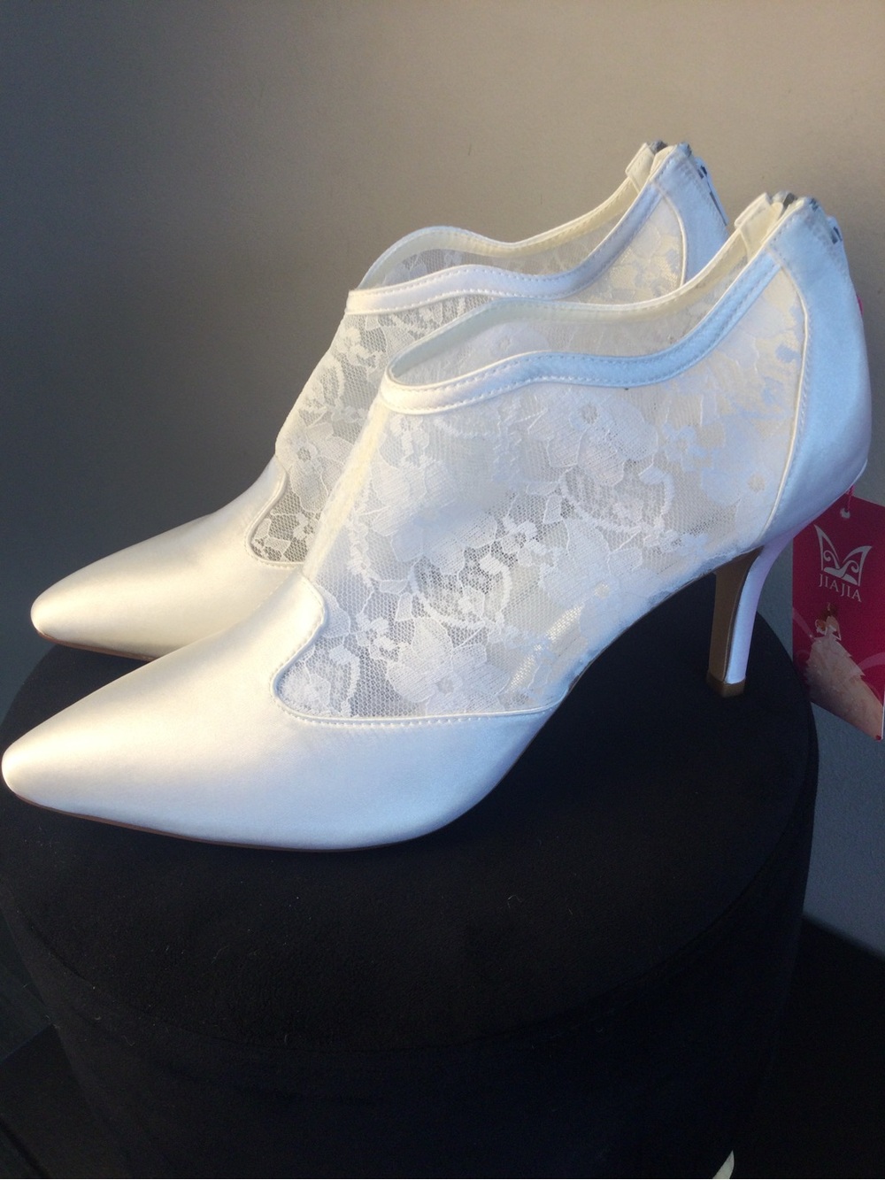 White Lace Pointed-Toe Stiletto Booties with Satin Trim